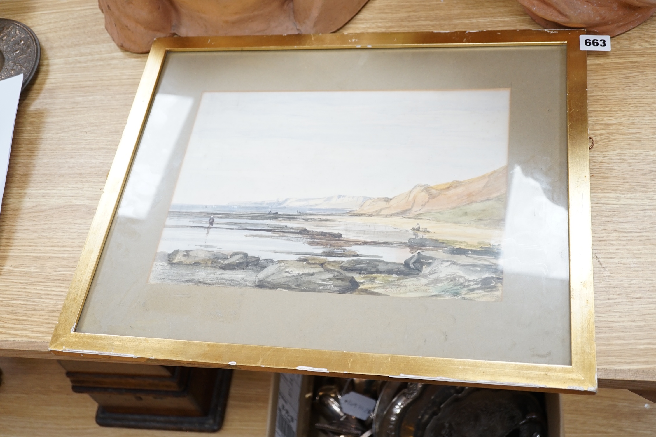 David Cox Jnr (1809-1885), watercolour, Coastal view with figures, signed and dated 1852, 24 x 34cm. Condition - poor to fair, foxing